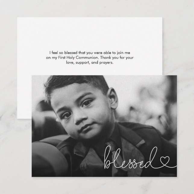 Blessed Heart Script Minimal Photo First communion Thank You Card (Front/Back)