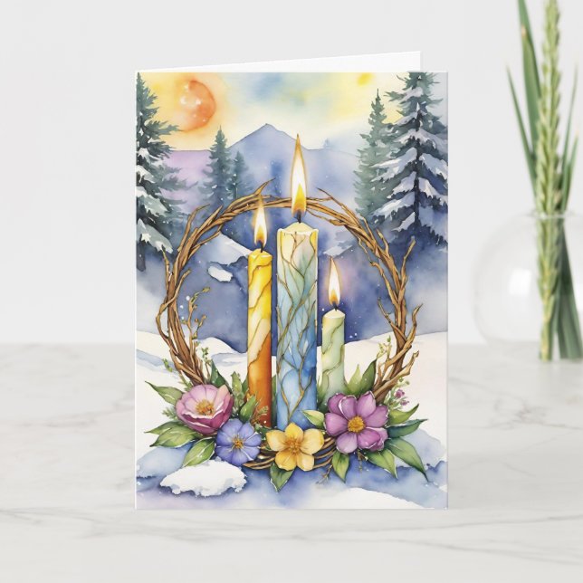 Blessed Imbolc Winter Floral Candle Wreath Wiccan Holiday Card (Front)