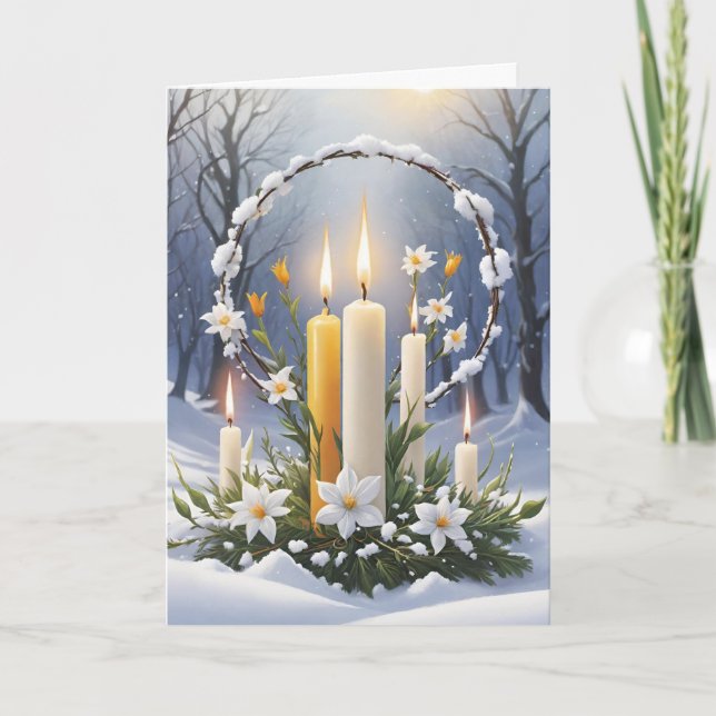 Blessed Imbolc Winter Forest Candle Wreath Wiccan Holiday Card (Front)