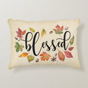 Blessed In Black Calligraphy And Autumn Leaves Decorative Cushion