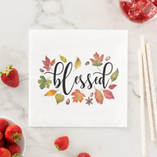 Blessed In Black Calligraphy And Autumn Leaves Napkin