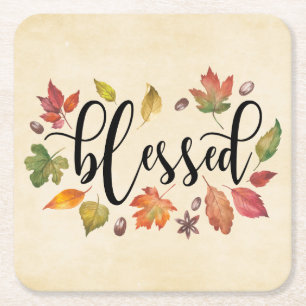 Blessed In Black Calligraphy And Autumn Leaves Square Paper Coaster