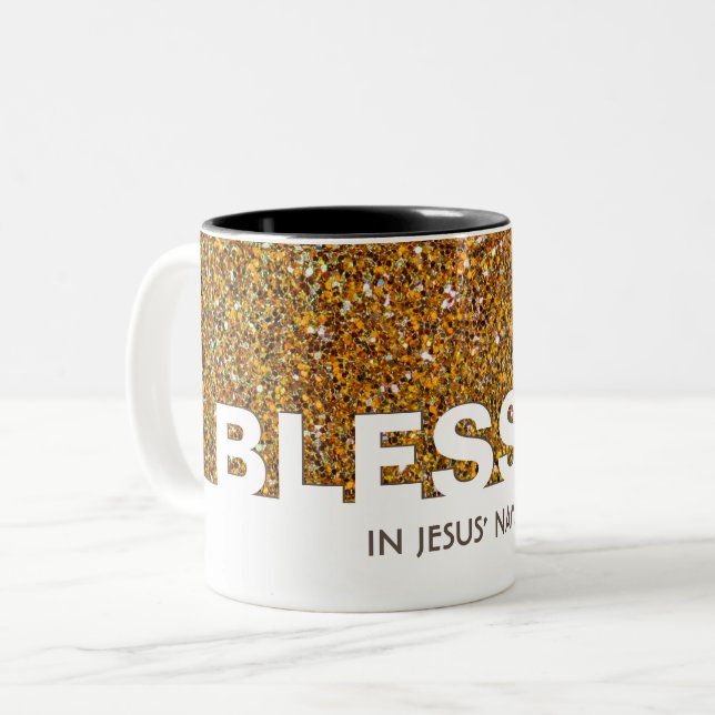 BLESSED In Jesus' Name | Stylish GOLD Glitter Two-Tone Coffee Mug (Front Left)