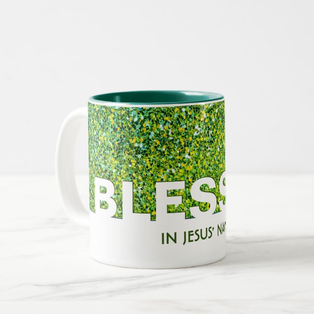 BLESSED In Jesus' Name | Stylish GREEN Glitter Two-Tone Coffee Mug (Front Left)