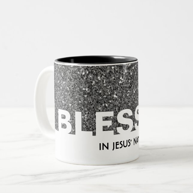 BLESSED In Jesus' Name | Stylish SILVER Glitter Two-Tone Coffee Mug (Front Left)