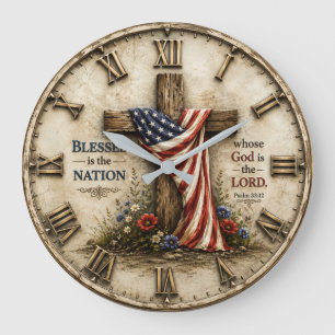 Blessed Is the Nation American Christian Patriotic Large Clock
