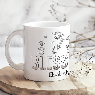 "Blessed Mama" Mother's Day Black and White Floral Coffee Mug