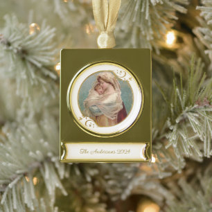 Blessed  Mary Baby Jesus Religious Christmas Gold Plated Banner Ornament