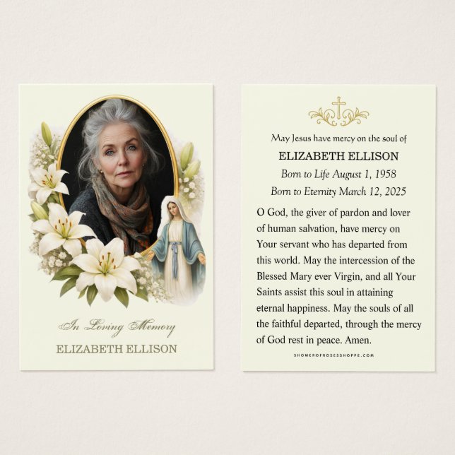 Blessed Mary Funeral Memorial Photo Prayer  (Front & Back)
