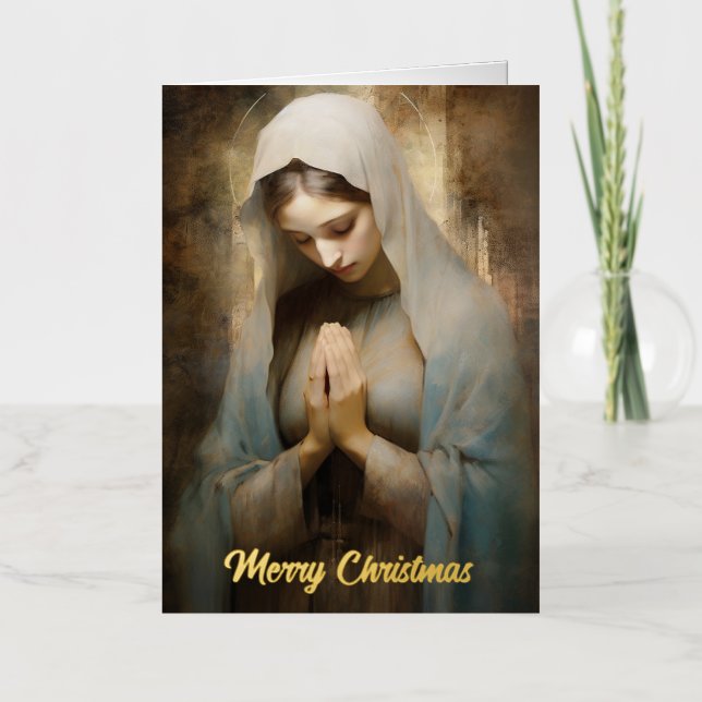 Blessed Mary Praying Christmas Gold Foil Greeting Card (Front)
