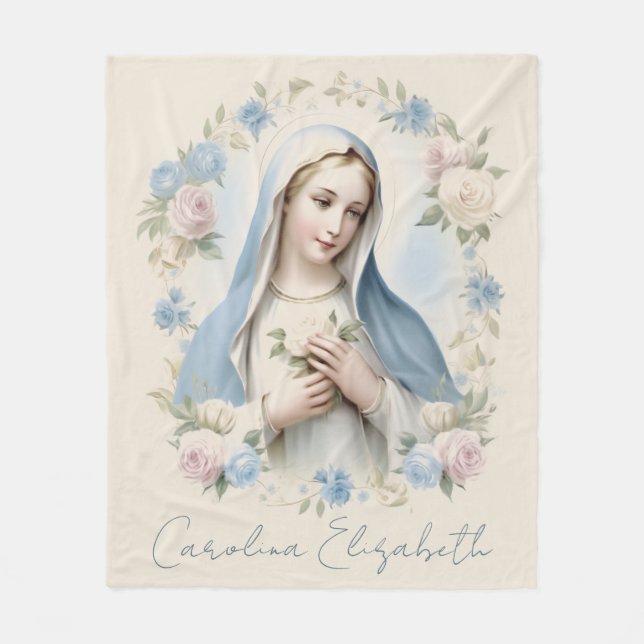 Blessed Mary Religious Floral Pink Roses  Fleece Blanket (Front)