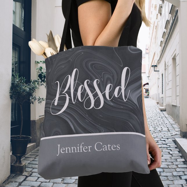 Blessed Modern Script Personalised Tote Bag (Blessed Modern Script Personalized Tote Bag in Faux Marble Gray and White.)