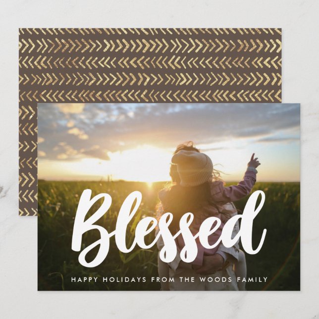Blessed Modern Typography Inspirational Photo Holiday Card (Front/Back)