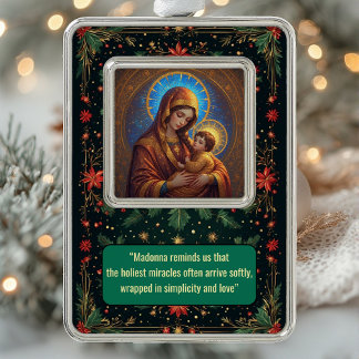 Blessed Mother and Baby Jesus Golden Halo Light  Silver Plated Framed Ornament