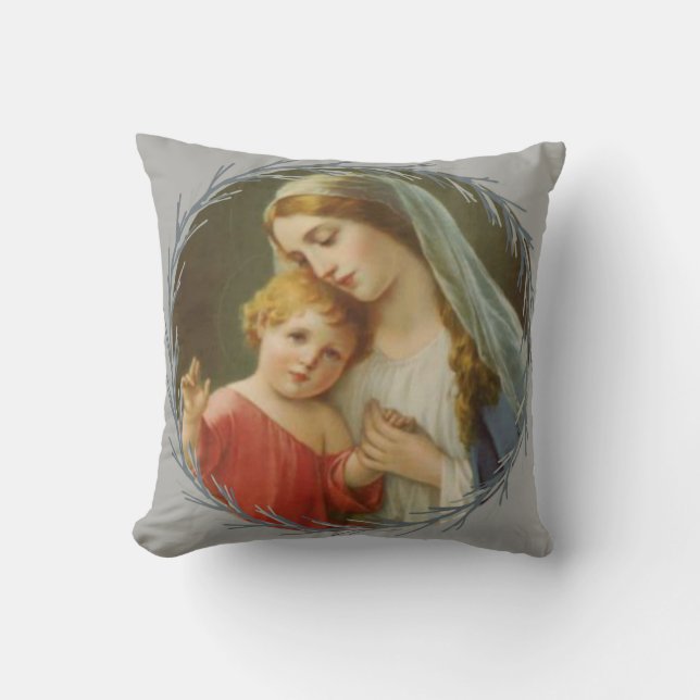 Blessed Mother holding the Baby Jesus Wreath Cushion (Front)