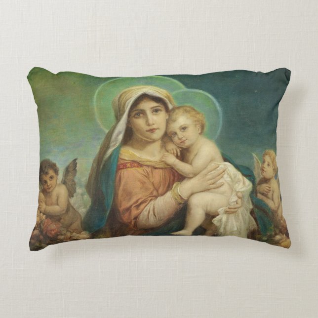 Blessed Mother Mary Baby Jesus Angels Roses Decorative Cushion (Front)