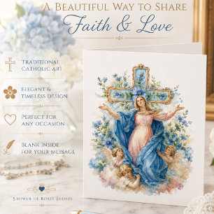 Blessed Mother Mary Blue Floral Cross Thank You Card