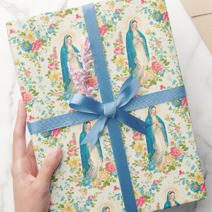 Blessed Mother Mary Floral Praying Holy Rosary Wrapping Paper