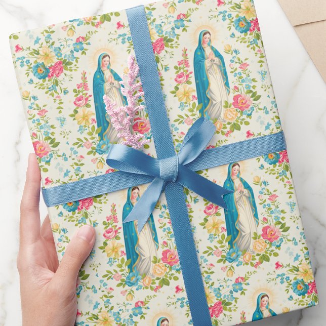 Blessed Mother Mary Floral Praying Holy Rosary Wrapping Paper (Creator Uploaded)