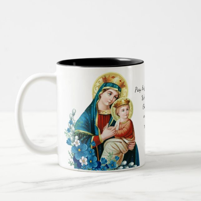 Blessed Mother Mary Jesus Pray Hope Don't Worry Two-Tone Coffee Mug (Left)