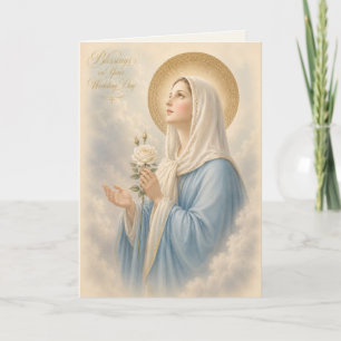 Blessed Mother White Roses Catholic Wedding Card