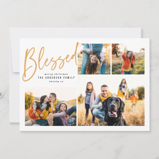 Blessed multi photo elegant calligraphy holiday card (Front)