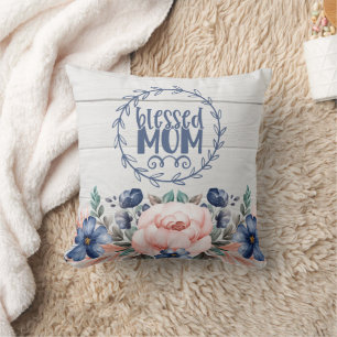 Blessed Mum Rustic Barn Wood Floral Mother's Day  Cushion