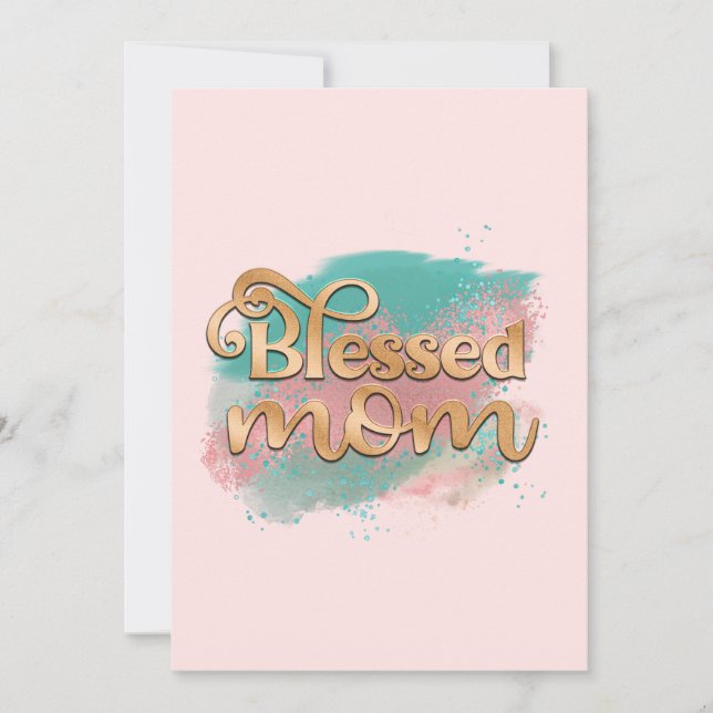 Blessed Mum Teal Pink and Gold Glitter Typography Holiday Card (Front)