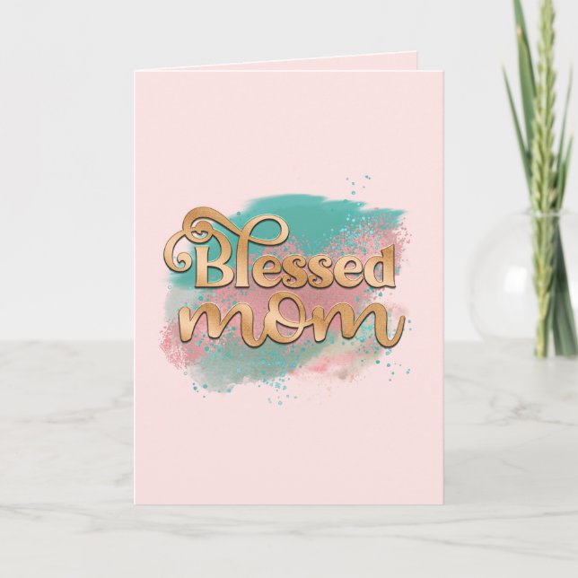 Blessed Mum Teal Pink and Gold Glitter Typography Holiday Card (Front)
