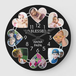 Blessed Nana Papa 8 Heart Photo Template Black Large Clock