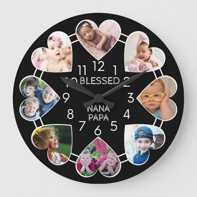Blessed Nana Papa 8 Heart Photo Template Black Large Clock (Front)