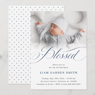 Blessed Navy Elegant Christening Photo Invitation