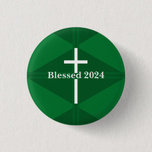 Blessed New Year Green and White Cross Christian 3 Cm Round Badge