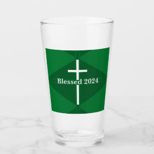 Blessed New Year Green and White Cross Christian Glass