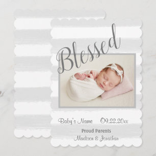 Blessed Newborn Photo Script Grey Stripe Announcement