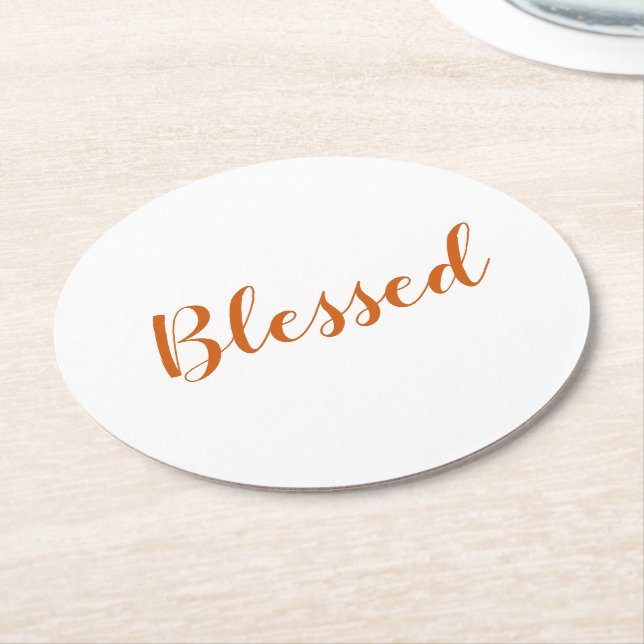 Blessed orange spice script cute thanksgiving round paper coaster (Angled)