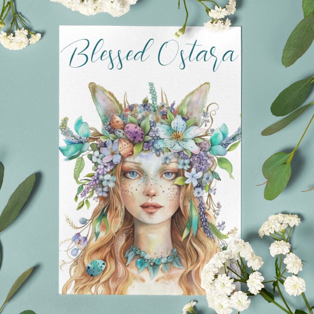 Blessed Ostara Eostre Spring Equinox Teal Holiday Card (Creator Uploaded)