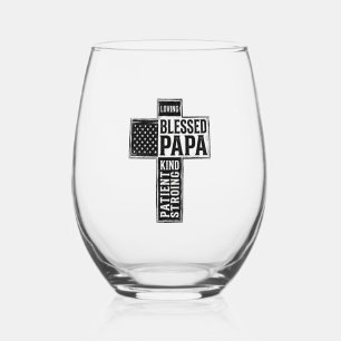 Blessed Papa Cross Christian Vintage Typography De Stemless Wine Glass