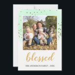 Blessed Pastel Green Gold Glitter Christmas Holiday Card<br><div class="desc">Blessed Christian Pastel Watercolor and Gold Glitter Confetti Religious Christmas Holiday Photo Card. The photo and family name can be updated and customised on this cute watercolor and sparkly glitter Christmas card. Please contact the designer for matching items.</div>