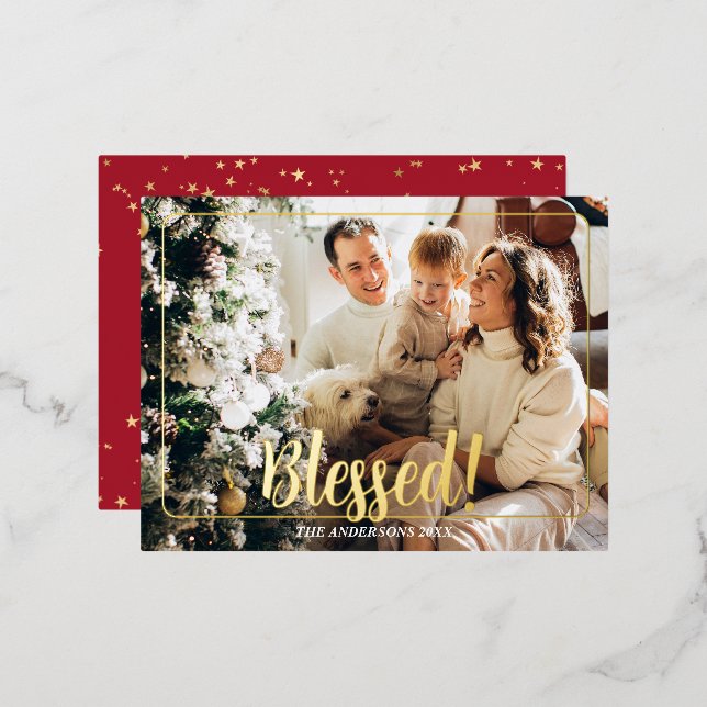 Blessed, Photo Name Gold Foil Holiday Post Card #1 (Front/Back)