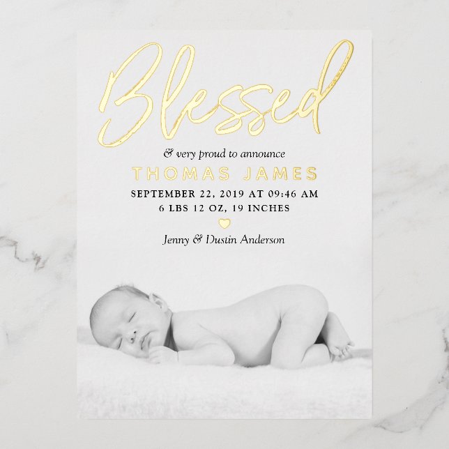 "Blessed" Photo Real Foil Birth Announcement (Front)