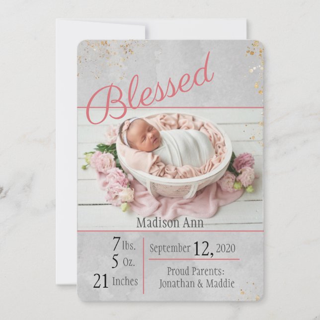 Blessed Pink l grey Baby Girl Photo Birth Announcement (Front)