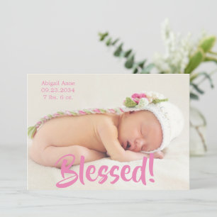 Blessed Pink Photo Script Personalised Girl Birth Announcement
