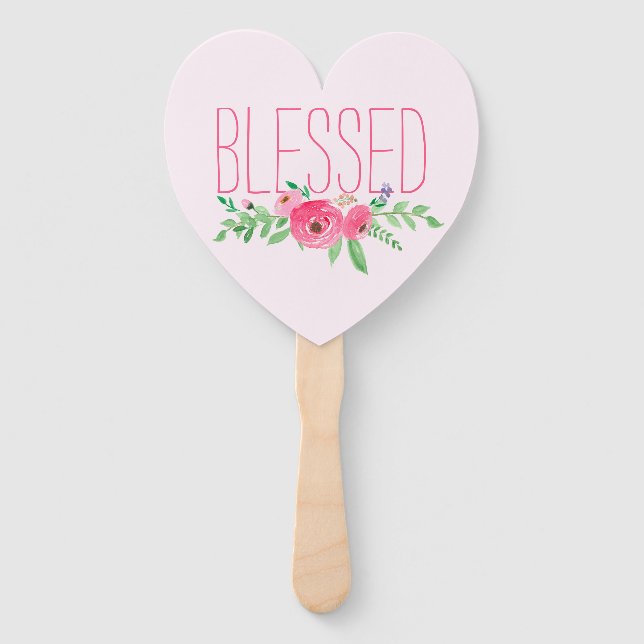 Blessed Pink Watercolor Floral Hand Fan (Front)