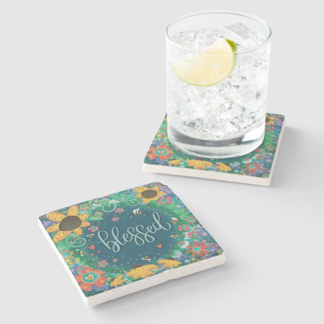 Blessed Pretty Floral Cute Bumblebee Stone Coaster (Side)