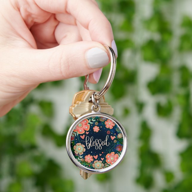 Blessed Pretty Fun Blue Pink Floral Inspirivity Key Ring (Hand)