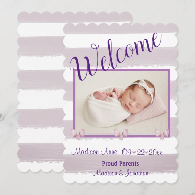 Blessed  Purple Photo Script Personalise Birth Announcement (Front/Back)