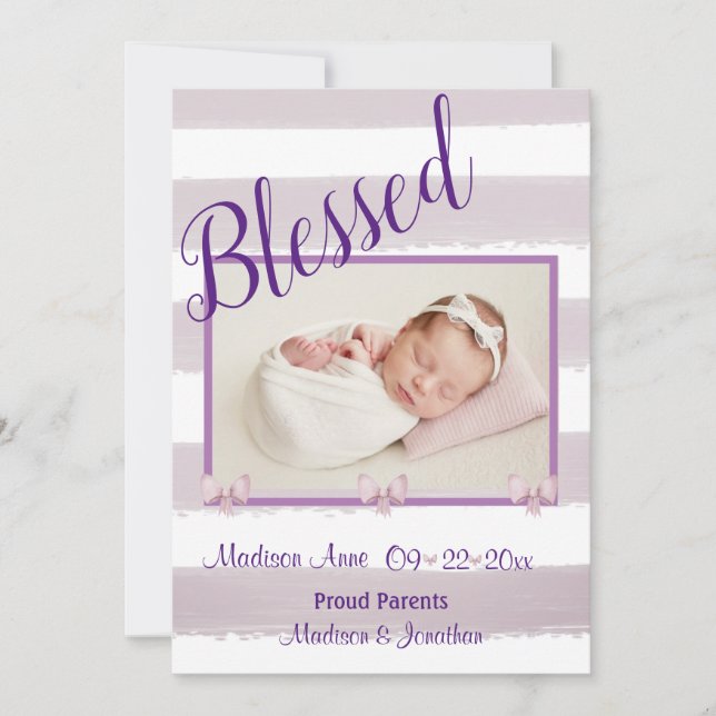 Blessed  Purple Photo Script Personalise Birth Announcement (Front)