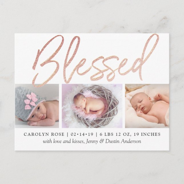 "Blessed" Rose Gold Foil Photo Birth Announcement (Front)