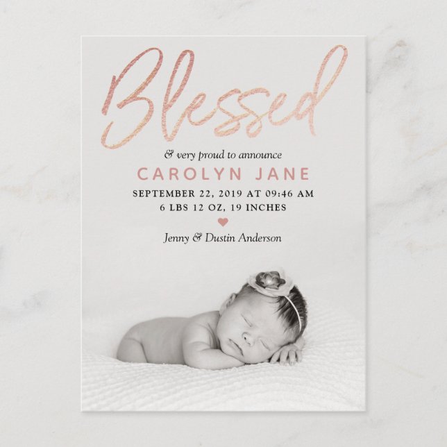 "Blessed" Rose Gold Foil Photo Birth Announcement (Front)